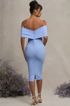 Alyssa | Powder Blue Bardot Bow Maternity Midi Dress with Ruching
