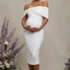 Alyssa | White Bardot Bow Maternity Midi Dress with Ruching
