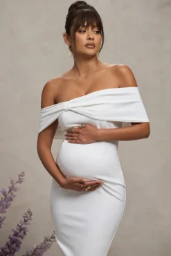 Alyssa | White Bardot Bow Maternity Midi Dress with Ruching