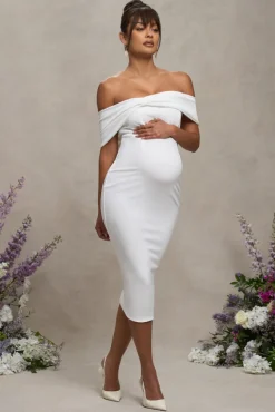 Alyssa | White Bardot Bow Maternity Midi Dress with Ruching
