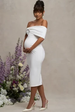 Alyssa | White Bardot Bow Maternity Midi Dress with Ruching