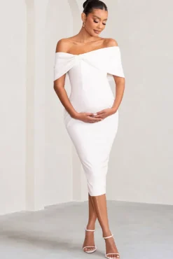 Alyssa | White Bardot Bow Maternity Midi Dress with Ruching