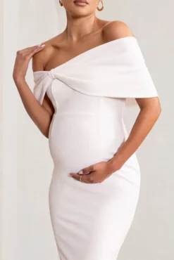 Alyssa | White Bardot Bow Maternity Midi Dress with Ruching
