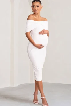 Alyssa | White Bardot Bow Maternity Midi Dress with Ruching