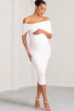 Alyssa | White Bardot Bow Maternity Midi Dress with Ruching