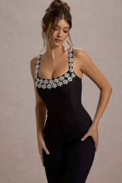 Amadi | Black Embellished Strappy Flared-Leg Jumpsuit