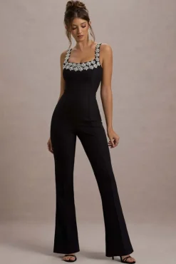 Amadi | Black Embellished Strappy Flared-Leg Jumpsuit