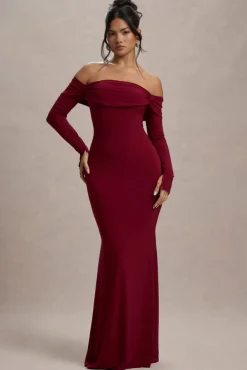 Amaia | Berry Bardot Long-Sleeve Maxi Dress