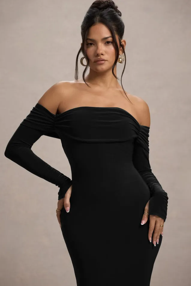 Amaia | Black Bardot Long-Sleeve Maxi Dress