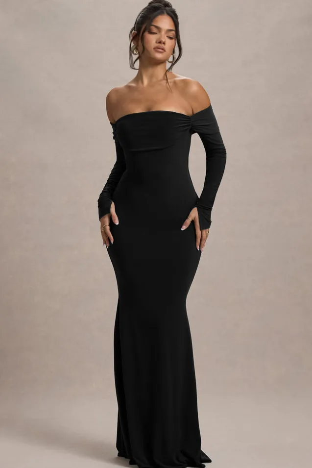 Amaia | Black Bardot Long-Sleeve Maxi Dress