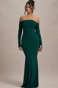 Amaia | Bottle Green Bardot Long-Sleeve Maxi Dress