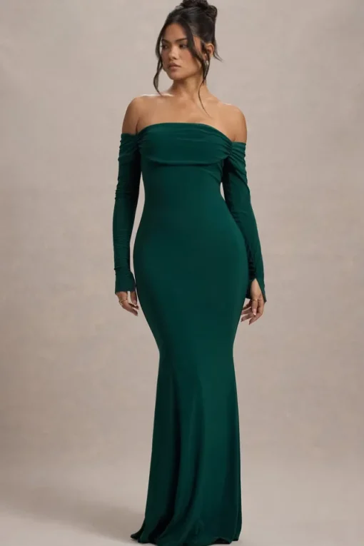 Amaia | Bottle Green Bardot Long-Sleeve Maxi Dress
