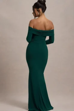 Amaia | Bottle Green Bardot Long-Sleeve Maxi Dress
