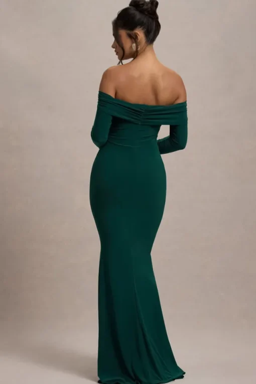 Amaia | Bottle Green Bardot Long-Sleeve Maxi Dress