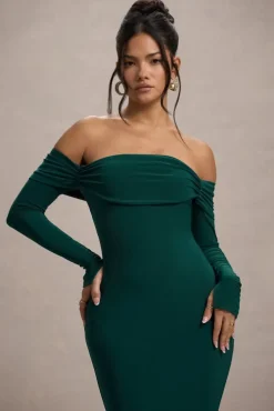 Amaia | Bottle Green Bardot Long-Sleeve Maxi Dress