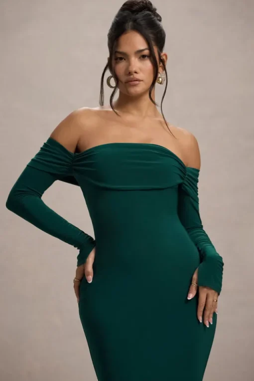 Amaia | Bottle Green Bardot Long-Sleeve Maxi Dress