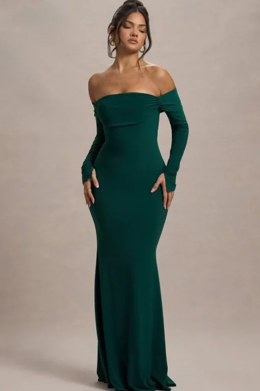 Amaia | Bottle Green Bardot Long-Sleeve Maxi Dress