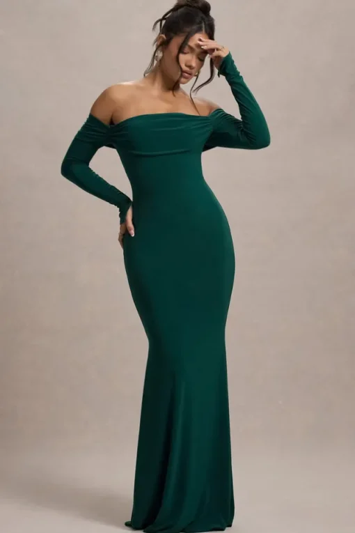 Amaia | Bottle Green Bardot Long-Sleeve Maxi Dress