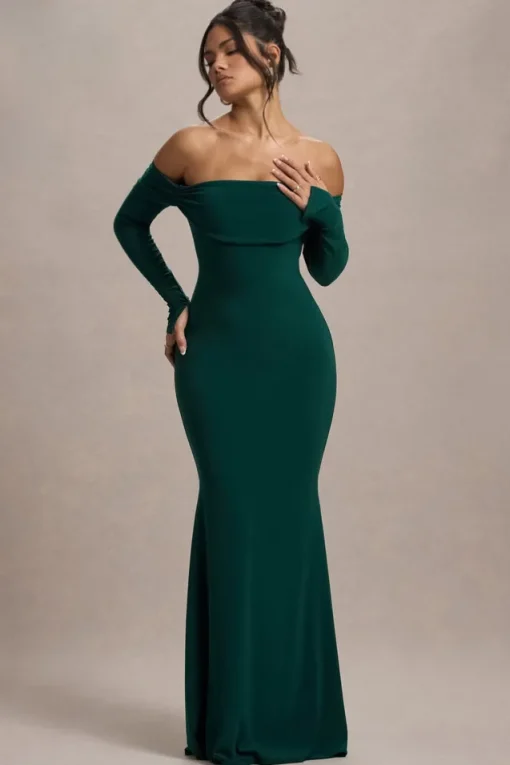 Amaia | Bottle Green Bardot Long-Sleeve Maxi Dress