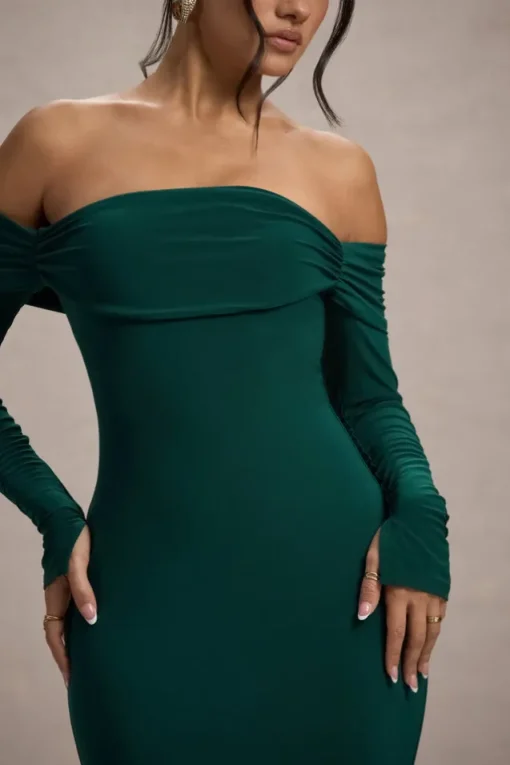 Amaia | Bottle Green Bardot Long-Sleeve Maxi Dress