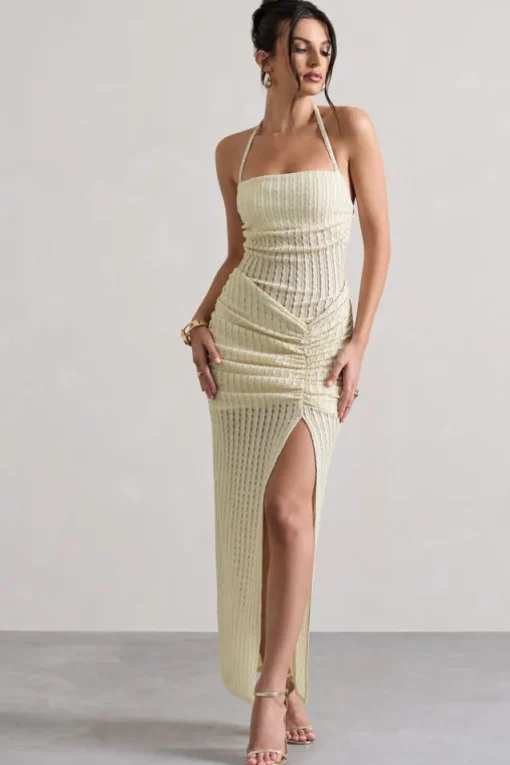 Amalfi | Ecru Textured Sheer Halter-Neck Maxi Dress