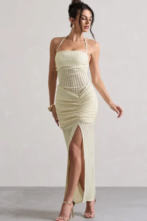Amalfi | Ecru Textured Sheer Halter-Neck Maxi Dress