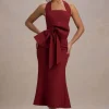 Aman | Berry Halter-Neck Midi Dress With Oversized Bow