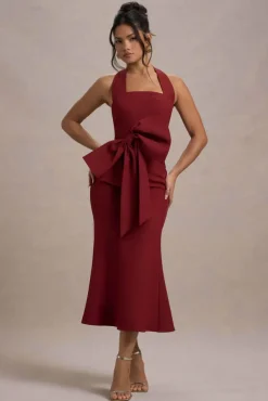 Aman | Berry Halter-Neck Midi Dress With Oversized Bow