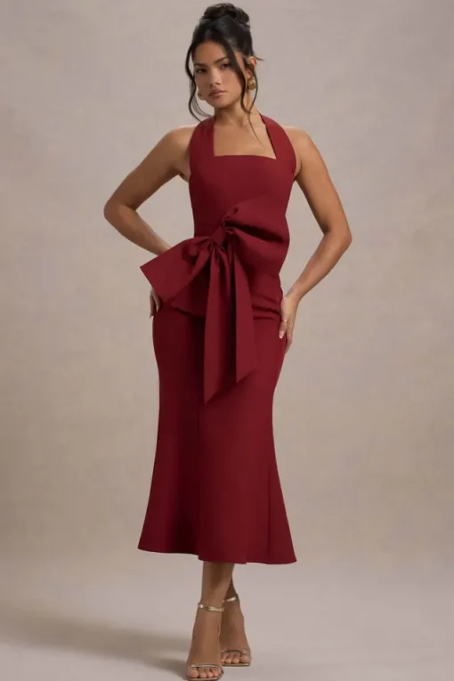 Aman | Berry Halter-Neck Midi Dress With Oversized Bow