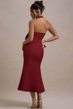 Aman | Berry Halter-Neck Midi Dress With Oversized Bow