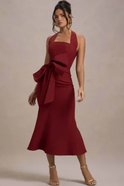 Aman | Berry Halter-Neck Midi Dress With Oversized Bow