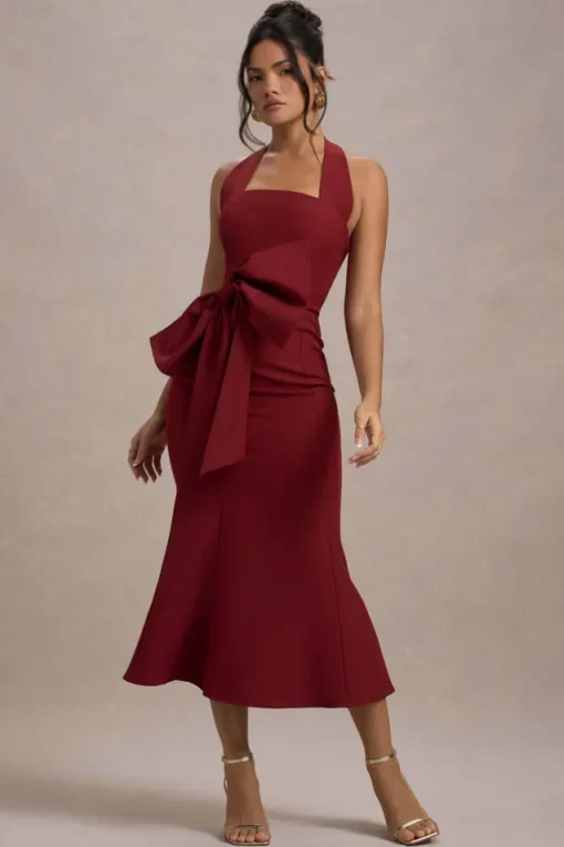 Aman | Berry Halter-Neck Midi Dress With Oversized Bow