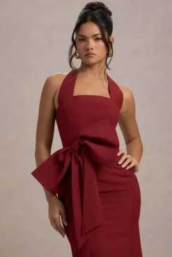 Aman | Berry Halter-Neck Midi Dress With Oversized Bow