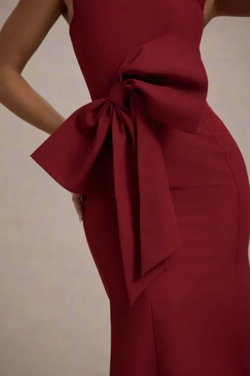 Aman | Berry Halter-Neck Midi Dress With Oversized Bow