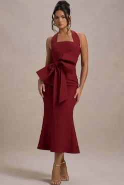 Aman | Berry Halter-Neck Midi Dress With Oversized Bow