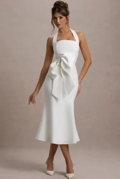 Aman | White Halter-Neck Midi Dress With Oversized Bow