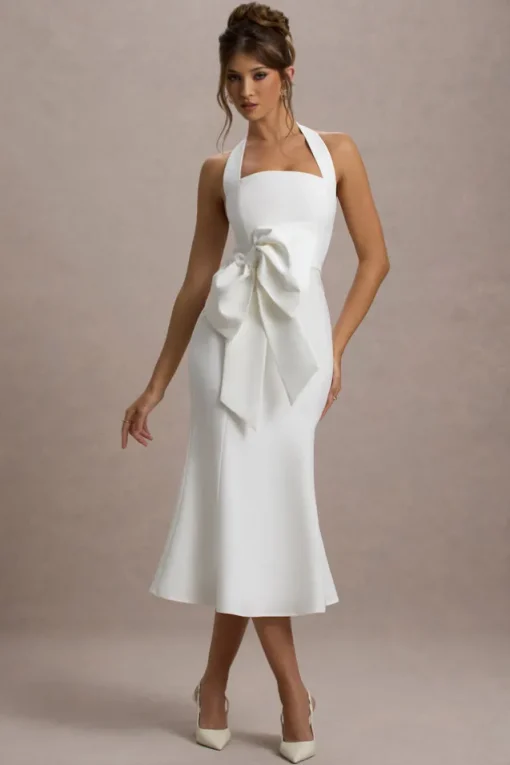 Aman | White Halter-Neck Midi Dress With Oversized Bow