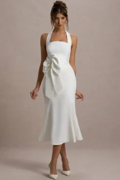 Aman | White Halter-Neck Midi Dress With Oversized Bow