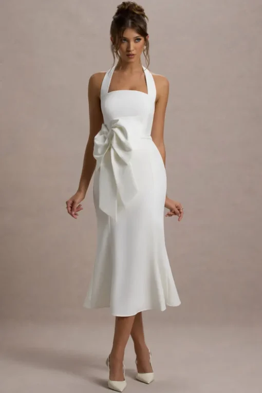 Aman | White Halter-Neck Midi Dress With Oversized Bow