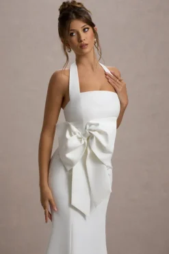 Aman | White Halter-Neck Midi Dress With Oversized Bow