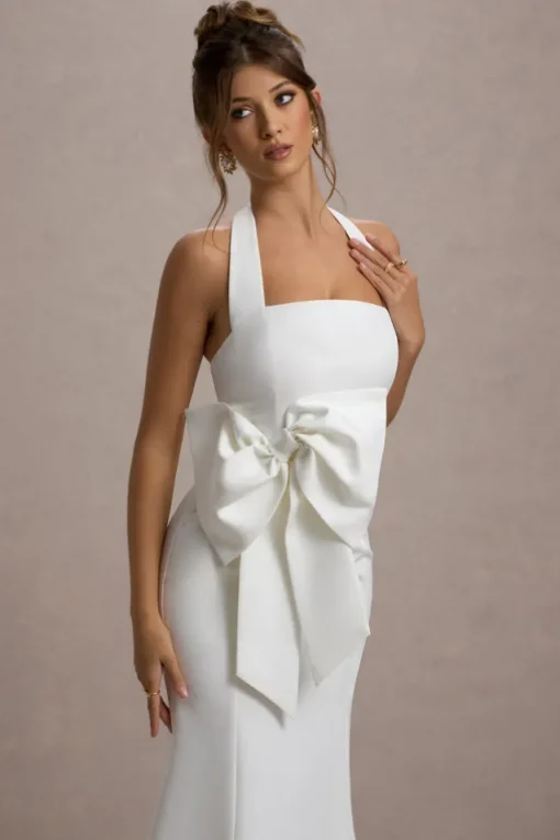 Aman | White Halter-Neck Midi Dress With Oversized Bow