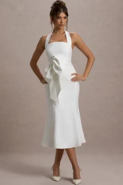 Aman | White Halter-Neck Midi Dress With Oversized Bow