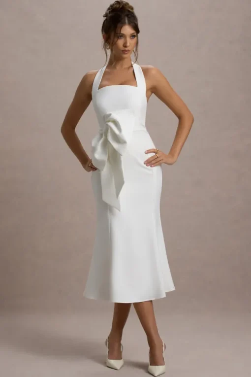 Aman | White Halter-Neck Midi Dress With Oversized Bow