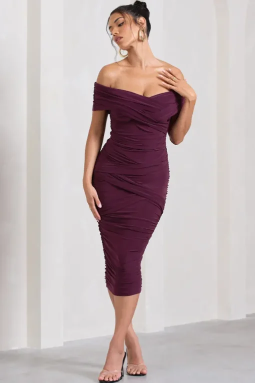 Amanda | Cherry Twisted Wrap Bardot Midi Dress