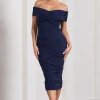 Amanda | Navy Twisted Wrap Bardot Midi Dress