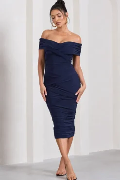 Amanda | Navy Twisted Wrap Bardot Midi Dress