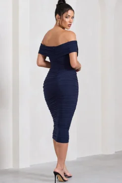Amanda | Navy Twisted Wrap Bardot Midi Dress