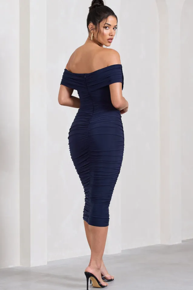 Amanda | Navy Twisted Wrap Bardot Midi Dress