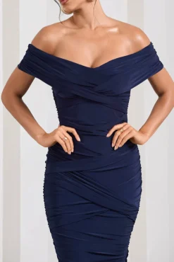 Amanda | Navy Twisted Wrap Bardot Midi Dress