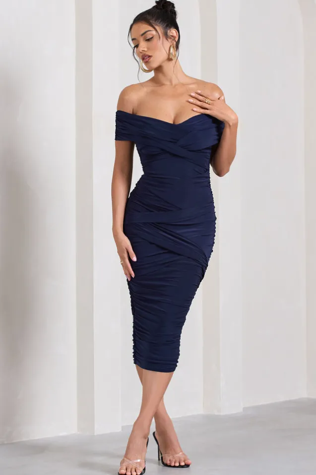 Amanda | Navy Twisted Wrap Bardot Midi Dress